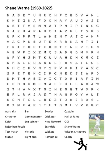 Shane Warne Word Search