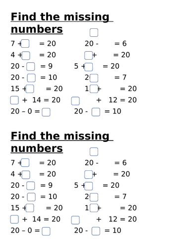 Missing number addition and subtraction number bonds to 20