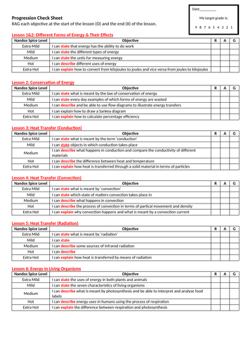 KS3 Energy & Electricity Nandos RAG Revision Sheet