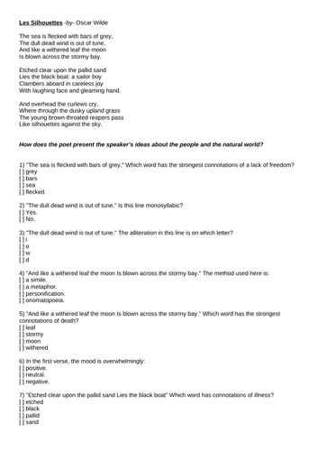 Unseen Poetry Oscar Wilde "Les Silhouettes" HW Cover Pre reading Guided reading KS4 KS3