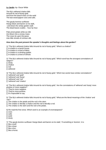 KS4 KS3 Unseen Poetry Oscar Wilde "Le Jardin" HW Pre Guided Reading Exam Practice