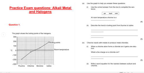 Alkali metals and Halogens: Exam practise Questions, GCSE