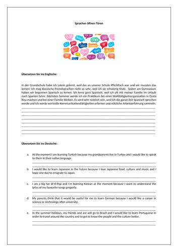 AQA/EDEXCEL Stimmt GCSE German (Higher) – Kapitel 7 – Sprachen öffnen Türen - Translation worksheet