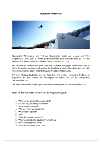AQA/EDEXCEL Stimmt GCSE German (Higher) – Kapitel 8 – Die Olympischen Winterspiele - Worksheet