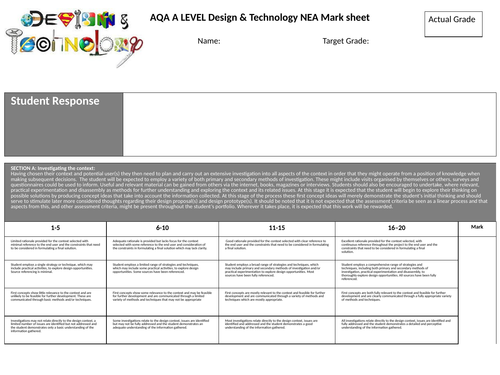 AQA A level product design NEA mark scheme