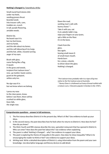 Nothing's Changed - poem with comprehension & short writing task