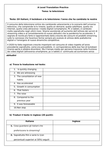 A levels translation practice - Italian - theme 2 - TV habits during lockdown