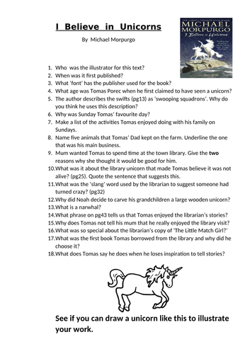 KS2 Worksheet - Reading Activity - I Believe in Unicorns (1 worksheet)