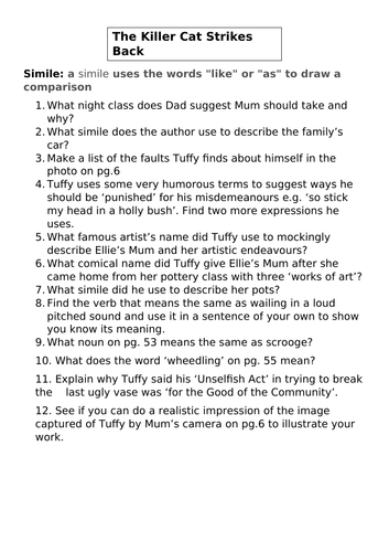 KS2 Worksheet - Reading Activity - Killer Cat Strikes Back (1 worksheet)