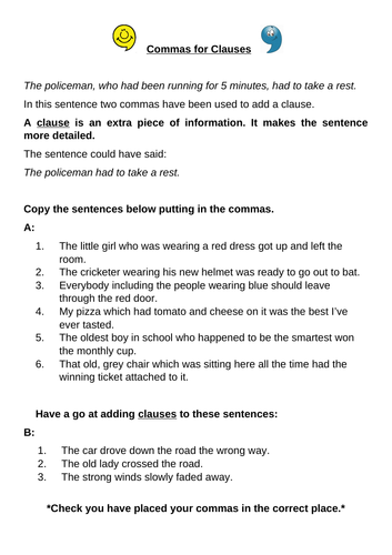 KS2 Worksheet - Commas for Clauses (1 worksheet)