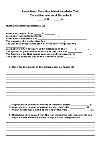 Knowledge Assessment Depth Study One Making of Modern Russia A level History Edexcel