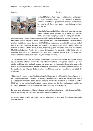 La ciudad donde vivo (Madrid) Spanish Ab Initio Paper 2 Practice