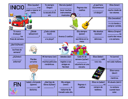 SPANISH PRESENT TENSE: BOARD GAME (REGULAR AND IRREGULAR VERBS)