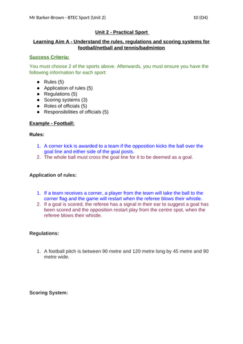 BTEC Sport - Unit 2 Learning Aim A (Support and Model Answers)