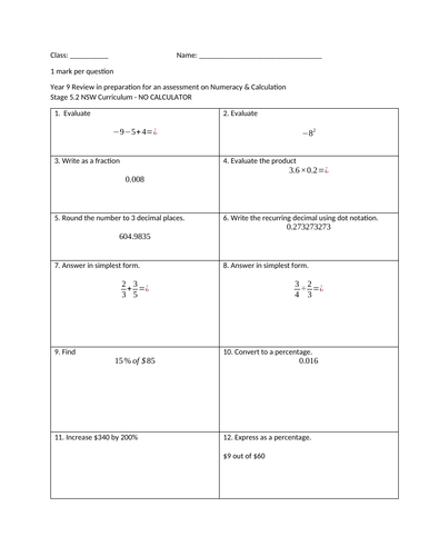 Year 9 Numeracy & Calculation