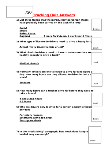 Year 5 and Year 6 Reading Comprehension  - Trucks and Trucking: non fiction