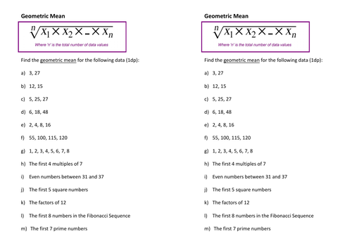 Geometric Mean Worksheet (GCSE Statistics)