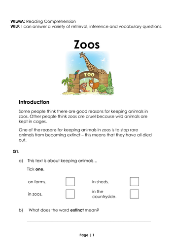 Year 2 Zoo Reading Comprehension SATs Style