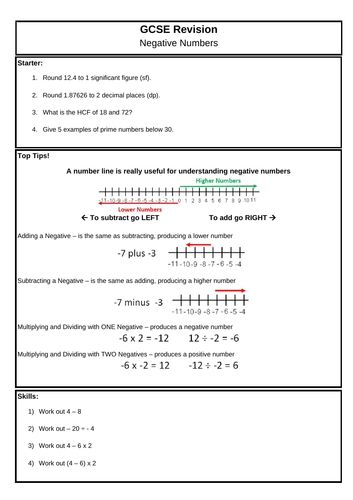 GCSE (F) - Negative Numbers - Revision