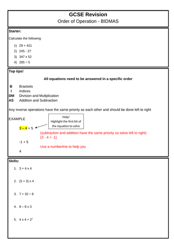 GCSE (F) - BIDMAS - Revision