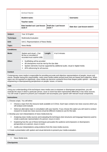 10 English: media analysis assessment task sheets