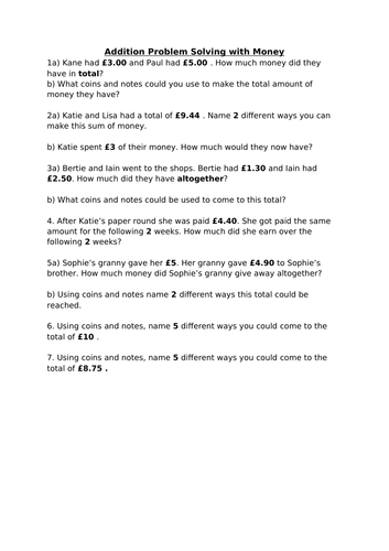 Money Problem Solving Questions