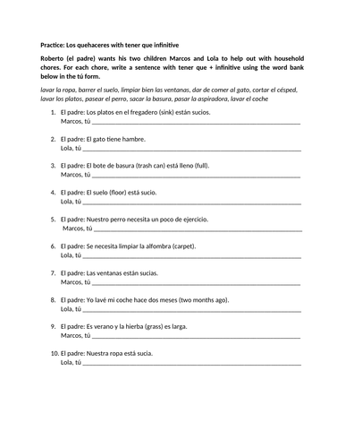 Los quehaceres worksheet with tener que infinitive