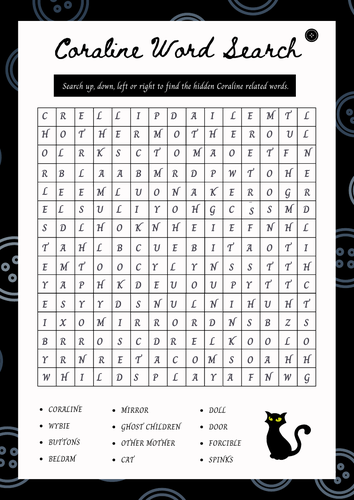 Coraline Word Search Activity Movie Sheet and Answers.