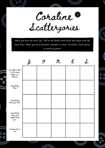 Coraline Movie Inspired Scattergories Game Activity / Worksheet