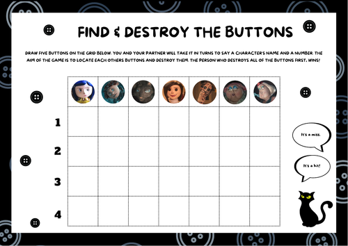 Coraline Movie Inspired  'Battleships' Game Sheet. Find & Destroy the Buttons.