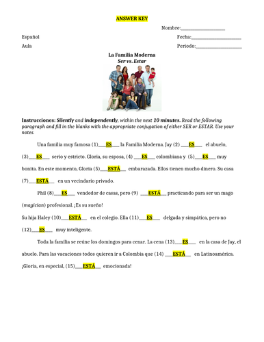 Ser vs. Estar (La Familia Moderna/ Modern Family) Spanish Year 7