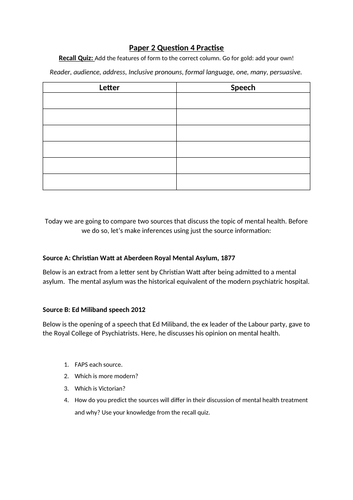 AQA English Language Paper 2- Question 4 Comparing Writers' Views Mental Health Lesson and Booklet