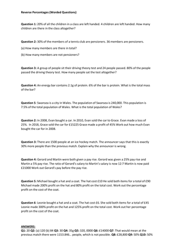 Percentages (Worded Questions)