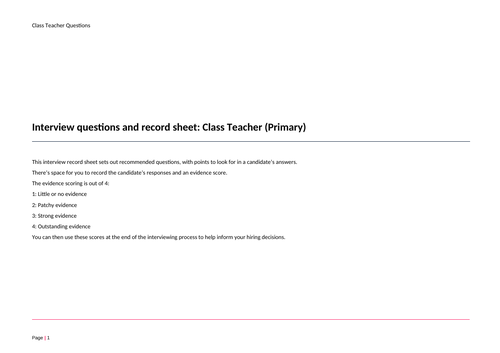 Example Class Teacher job interview questions