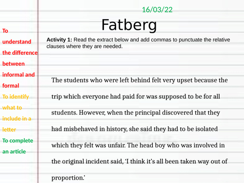 Fatberg - letter lesson