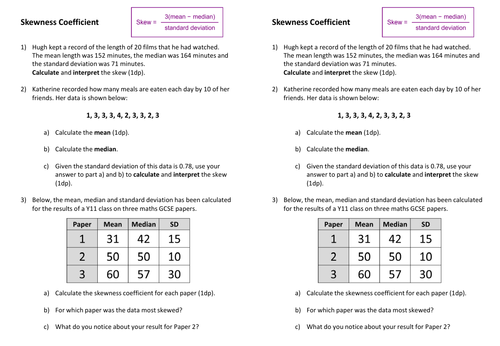 Skewness Coefficient Worksheet (GCSE Statistics)