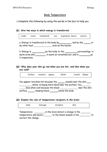 Body Temperature - Worksheet for low ability learners