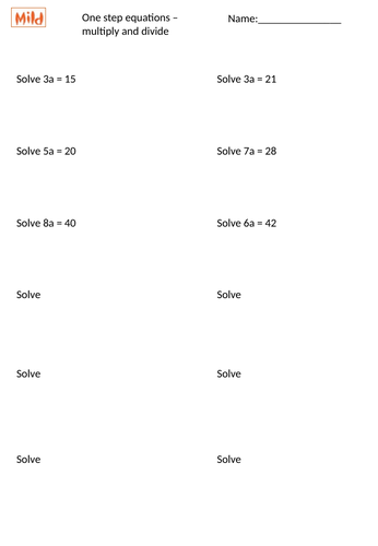 One-step equations - multiplying and dividing - worksheet