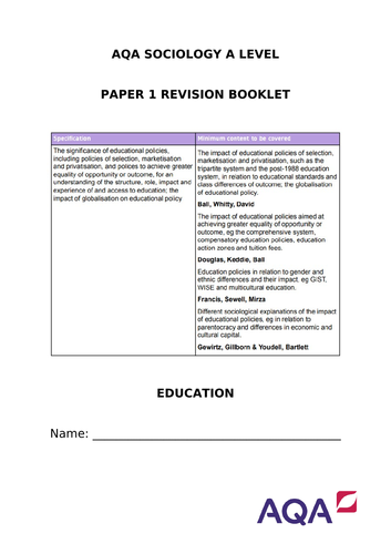 AQA SOCIOLOGY ADVANCE INFO EDUCATION REVISION BOOKLET