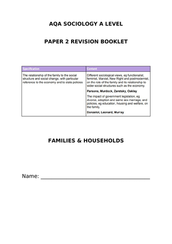 AQA SOCIOLOGY ADVANCE INFO FAMILIES REVISION BOOKLET