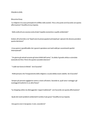 Italian A LEVEL LESSON PLAN -collection of mock discursive essay questions