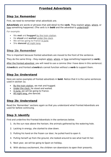 Fronted Adverbials Worksheet - Y3-Y4