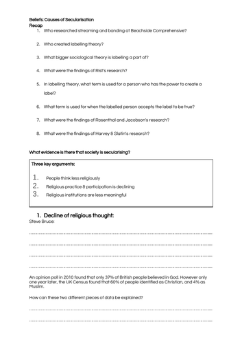 Sociology A-Level- Beliefs in Society - Causes of Secularisation