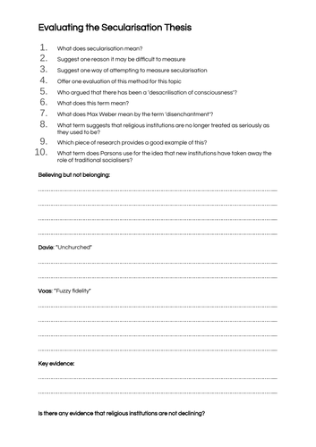 Sociology A-Level- Beliefs in Society - Evaluating the Secularisation Thesis