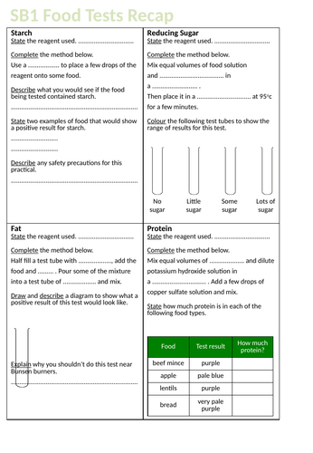 Edexcel SB1f Food Tests Recap worksheet