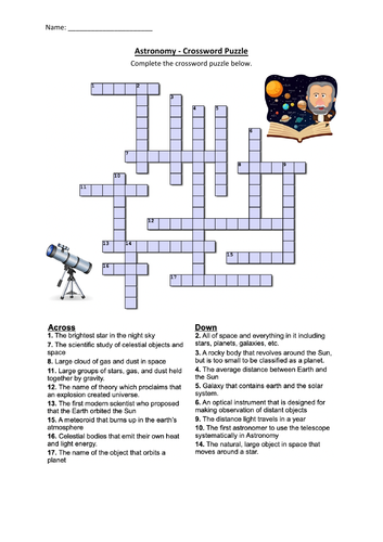 Astronomy Crossword Puzzle Worksheet Activity (Printable) Teaching