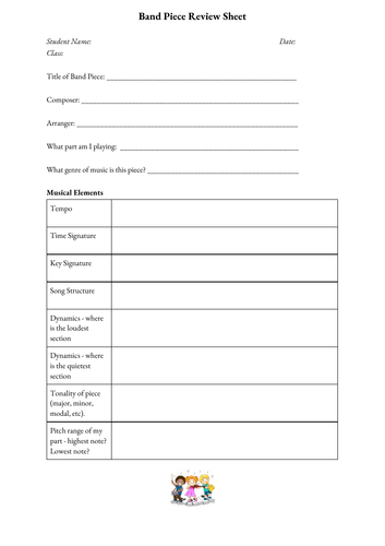 Concert Band review worksheet for  music / band classes.