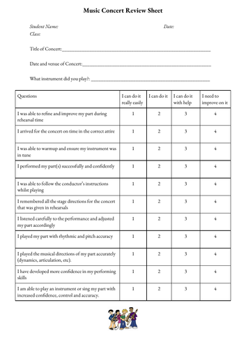 Concert review self-reflection worksheet for  music / band / choir classes