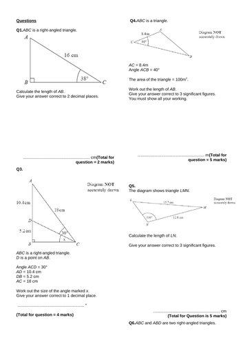 Cosine / Sine Rule exam revision questions GCSE