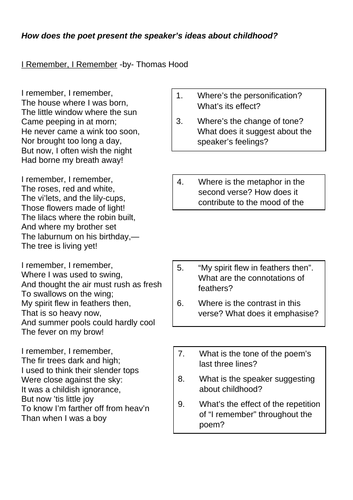 KS4 KS3 Unseen Poetry "I remember I remember" Thomas Hood Questioning CRR HW Cover Exam practice